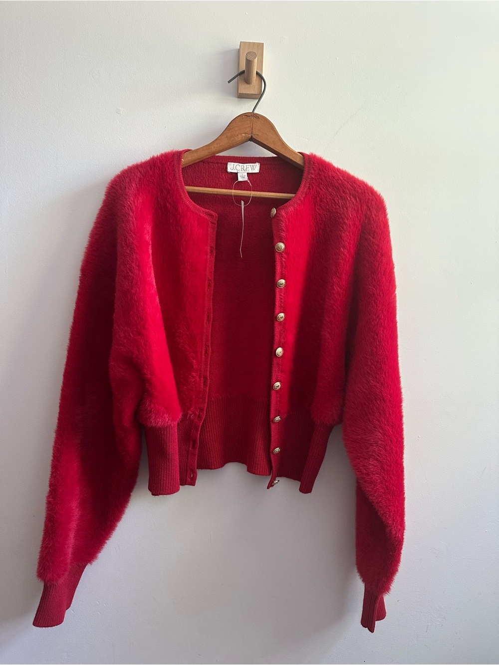 J. Crew Red Fuzzy Button-Front Fitted Waist Cardigan size large. NWT